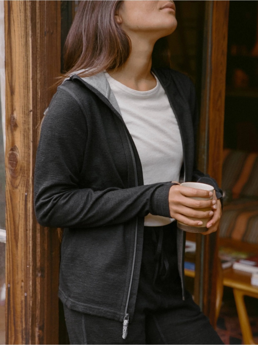 Paka Breathe Full Zip Hoodie Baby Alpaca Pockets Thumbholes Black/Grey Medium